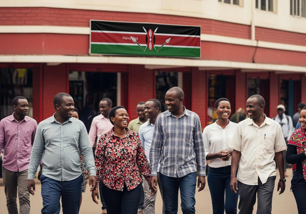 A tasteful, non-promotional editorial scene showing a lively Nairobi street with diverse, smiling local adults near a brick storefront. A subtle banner displays the Palms Bet brand name in small type, Kenyan flag colors in the background, warm daylight, candid documentary style, positive and trustworthy tone