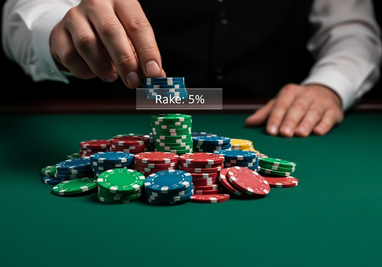 A photorealistic closeup shot of a poker tables green felt surface In the center is a large pile of poker chips representing the pot A professional dealers hand is shown sliding a small stack of chips about 5 away from the main pot A subtle transparent label floats above the smaller stack with the text Rake 5 The lighting is dramatic focusing on the chips and the dealers action conveying a serious and professional poker game atmosphere