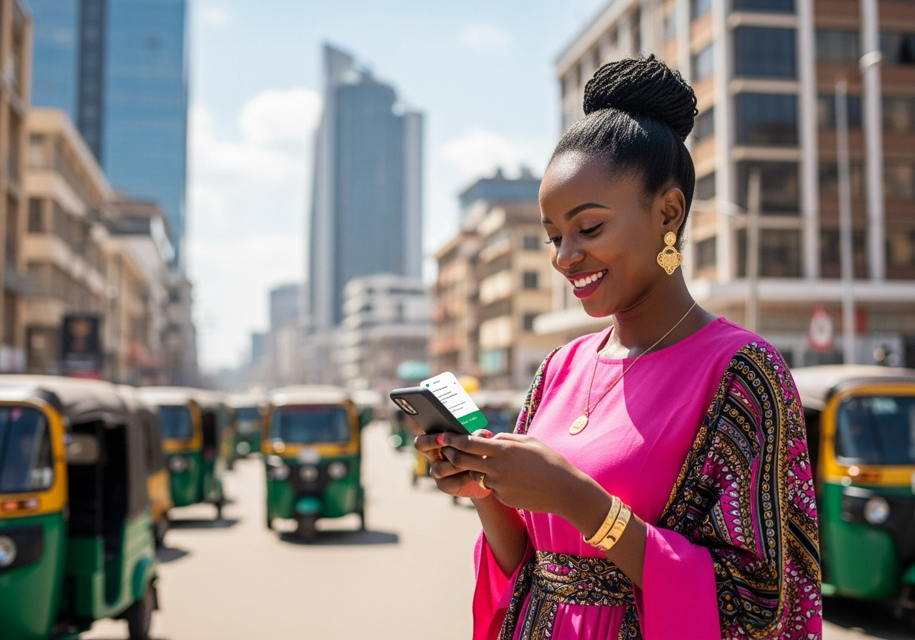 A smiling Kenyan person in their late 20s confidently using a smartphone to complete a mobile money transaction with a blurred background showing a modern bustling urban setting in Kenya The phone screen subtly displays a payment confirmation Sunlight brightens the scene highlighting the ease and security of digital transactions