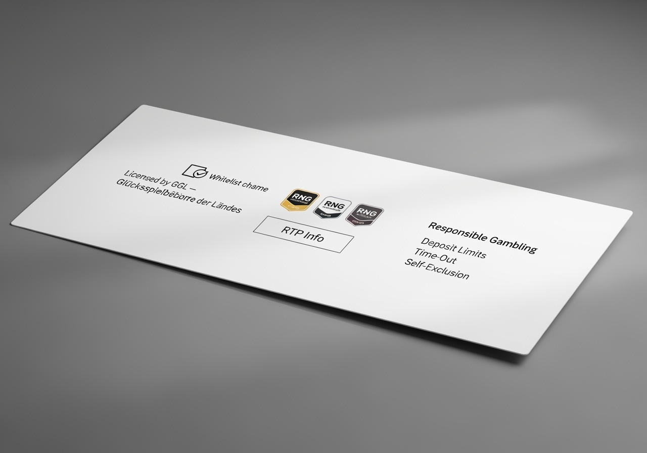 A brandless website footer mockup on a neutral background showing licensing text: “Licensed by GGL – Gemeinsame Glücksspielbehörde der Länder”, a whitelist check icon, RNG/testing certification badges, an “RTP Info” link, and “Responsible Gambling” links (Deposit Limits, Time-Out, Self-Exclusion). Minimal, professional design, soft lighting, no logos or real brand names