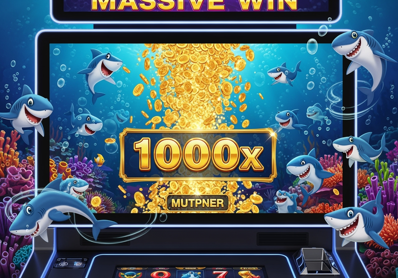 A dramatic visual of a massive win notification on a slot machine screen displaying a large multiplier and shimmering gold coins cascading The background features a vibrant cheerful deepsea environment with cartoonstyle sharks cheering The screen is clean and modern highlighting the winning moment