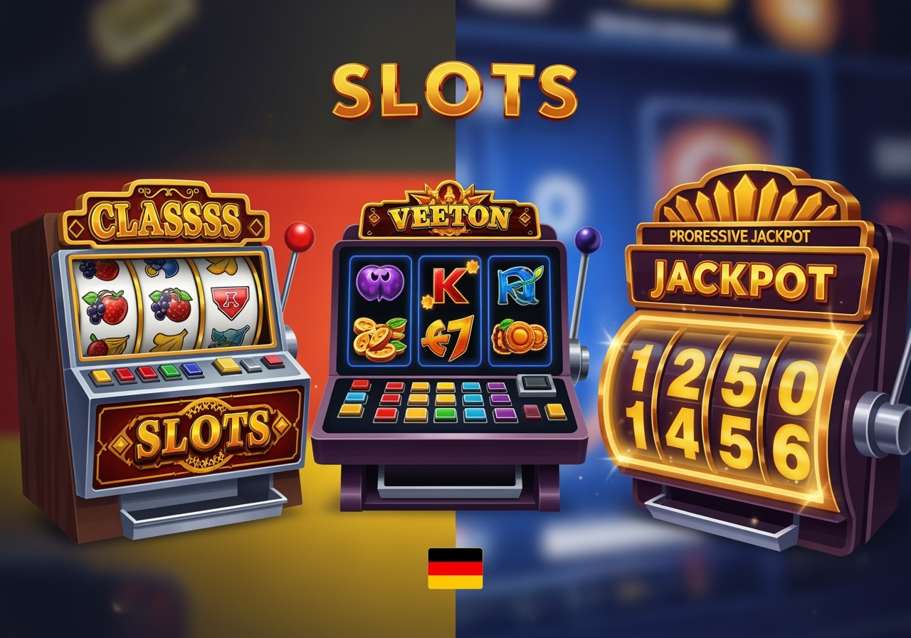 A vibrant stylized illustration showing different slot types sidebyside a classic 3reel fruit machine on one end a modern video slot with intricate graphics in the middle and a progressive jackpot slot with a large glowing jackpot counter on the other end The background subtly suggests an online casino interface with a German flag element integrated subtly conveying a sense of choice and information