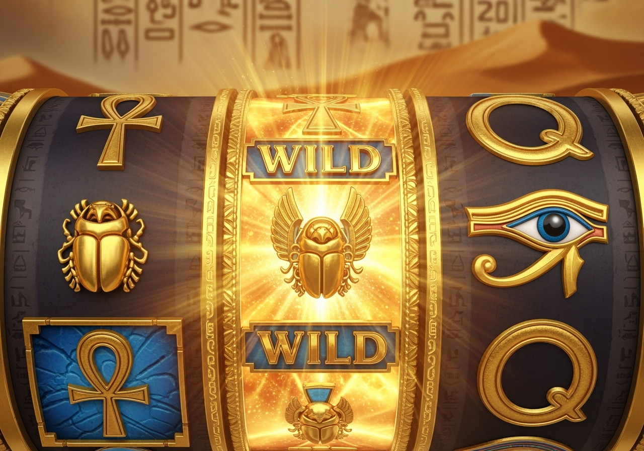 A vibrant closeup of slot game reels focusing on detailed Ancient Egyptian symbols like the Ankh Scarab Falcon and the Eye of Ra The central reel prominently features an expanding golden Horus Wild symbol filling the entire reel with a radiant glow against a subtly blurred background of hieroglyphics and sand dunes The image conveys the games highquality ancient Egyptian design