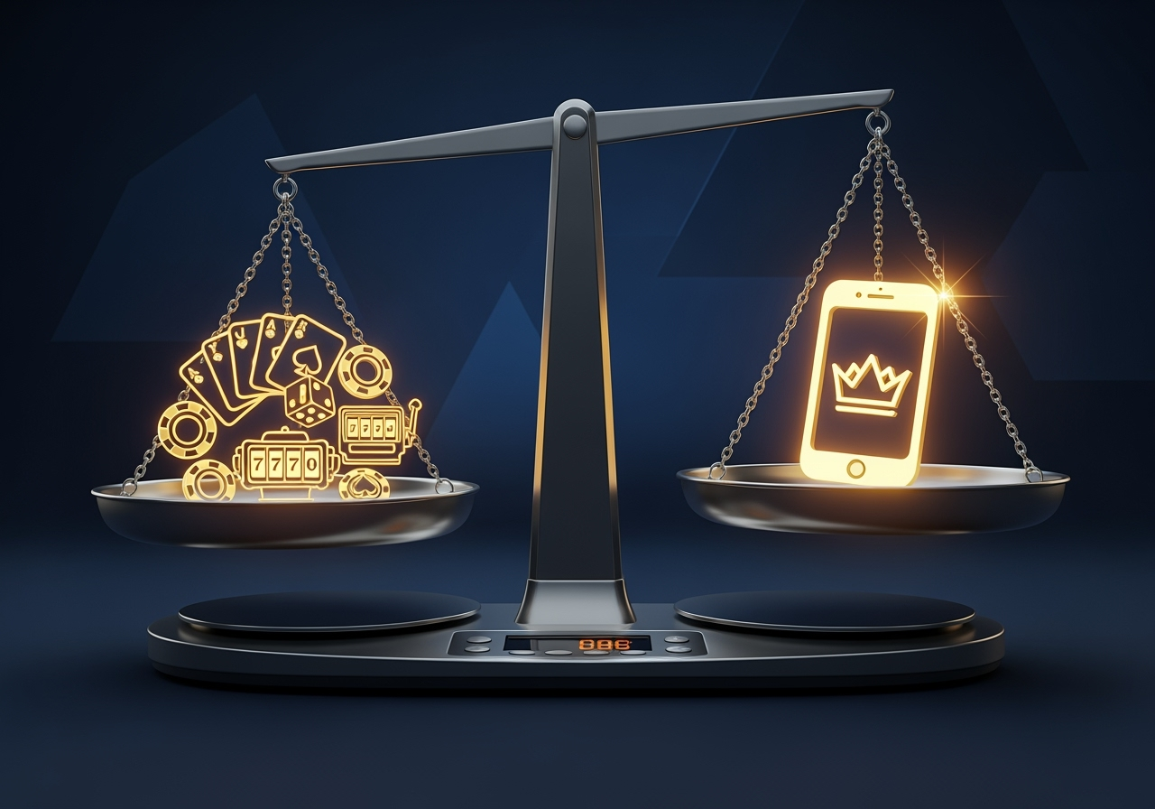 A sleek modern set of digital scales in perfect balance On one side a glowing icon representing gaming variety cards dice slot symbols On the other side a glowing icon of a mobile phone with a crown symbol The background is a sophisticated dark blue with subtle geometric patterns conveying a professional and trustworthy vibe