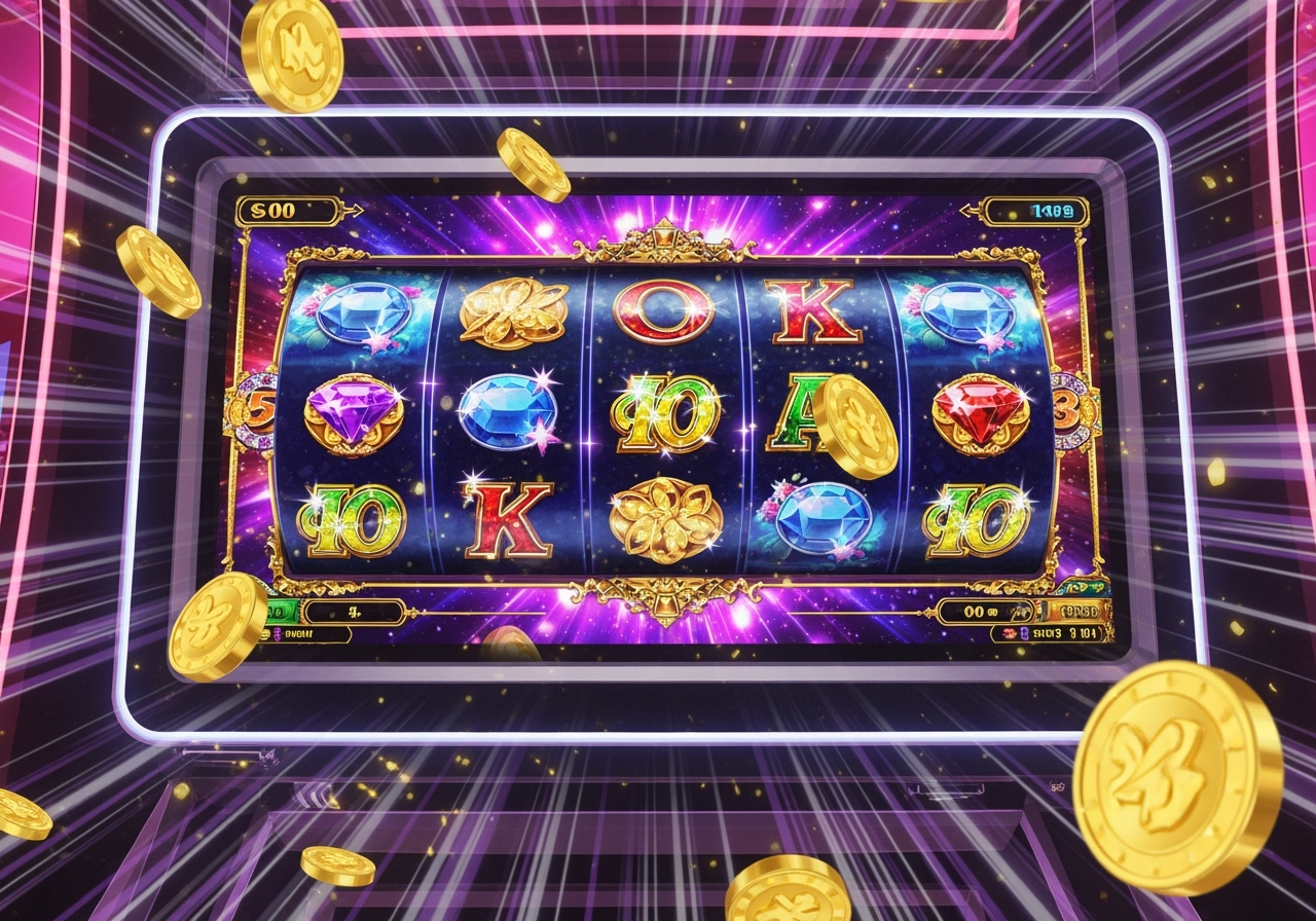 A vibrant modern slot machine screen displaying colorful spinning reels and digital coins The scene radiates excitement with bright lights and a celebratory feel emphasizing the thrill of casino games
