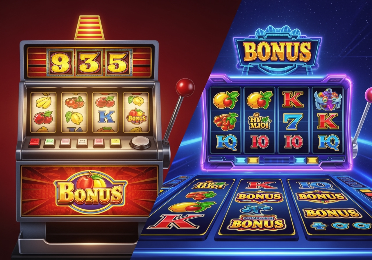 A vibrant split image showing the contrast between classic slot machines and modern video slots On one side a simple 3reel slot with fruit symbols and a mechanical lever emitting a warm nostalgic glow On the other side a dynamic 5reel video slot with animated graphics a futuristic theme and multiple bonus symbols highlighting innovation The overall mood is engaging and visually represents the evolution of slot gaming with bright and appealing colors