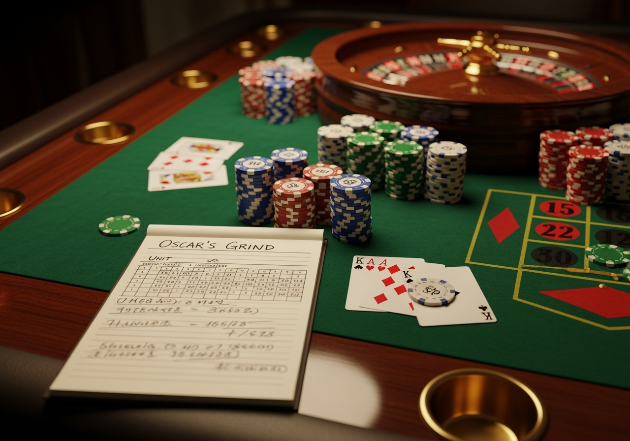 A tasteful, positive-styled scene showing a mid-20th-century casino table with chips, a roulette wheel and playing cards; soft warm lighting, a notepad next to chips showing a simple unit-based chart and handwritten notes titled "Oscar's Grind", conveying disciplined, rule-based play