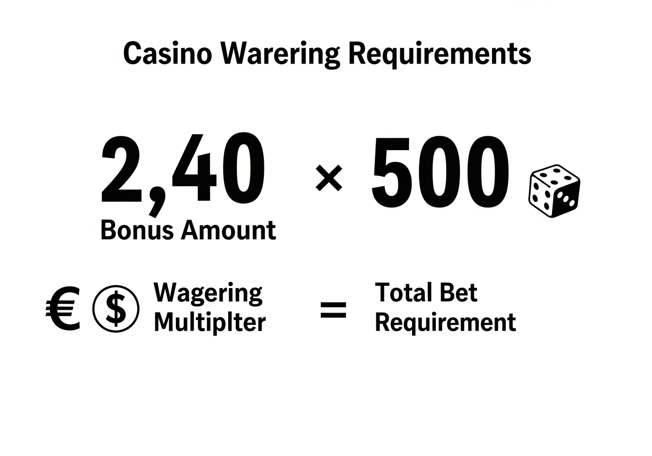An infographic visually explaining casino wagering requirements The image shows a simple calculation Bonus Amount multiplied by Wagering Multiplier equals Total Bet Requirement It should use clear bold numbers and icons like a euro sign and a dollar sign to represent currency and possibly a small casino chip or dice The overall aesthetic is clean professional and easy to understand