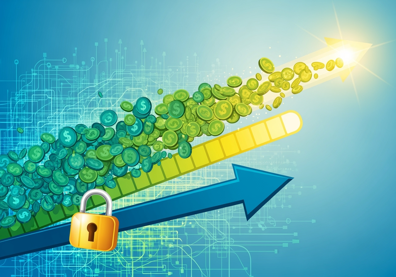 A vibrant abstract visual depicting financial concepts and growth with stylized coins flowing into a progress bar a clear arrow indicating forward motion and a lock unlocking The background features subtle digital lines suggesting data flow all rendered in bright optimistic blues and greens