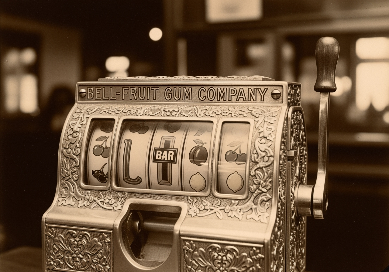 A vintage, sepia-toned photograph of an early 20th-century Bell-Fruit Gum slot machine. The ornate, mechanical device features three reels showing early fruit symbols and a bar symbol that clearly resembles a stick of chewing gum. The machine's casing has engraved text that reads 'Bell-Fruit Gum Company.' The atmosphere is nostalgic and historical.