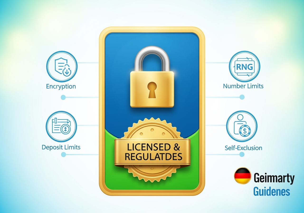 A clean, professional security badge showing a golden padlock emblem and a seal reading "Licensed & Regulated". Surrounding the badge are small icons representing encryption, RNG certification, and responsible gaming features like deposit limits and self-exclusion. The image uses a bright, positive blue and green palette, soft lighting, and includes a subtle German flag accent in the corner to indicate Germany-focused guidance
