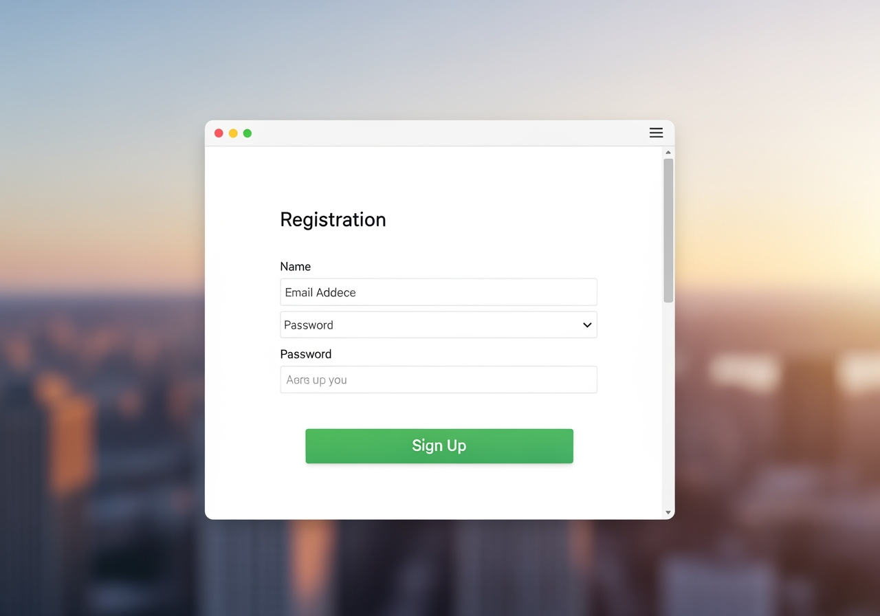 A brightly lit generic online registration form on a desktop screen showing a Sign Up button The background is softly blurred hinting at an enjoyable digital environment with subtle positive glow representing the ease and excitement of starting online gambling