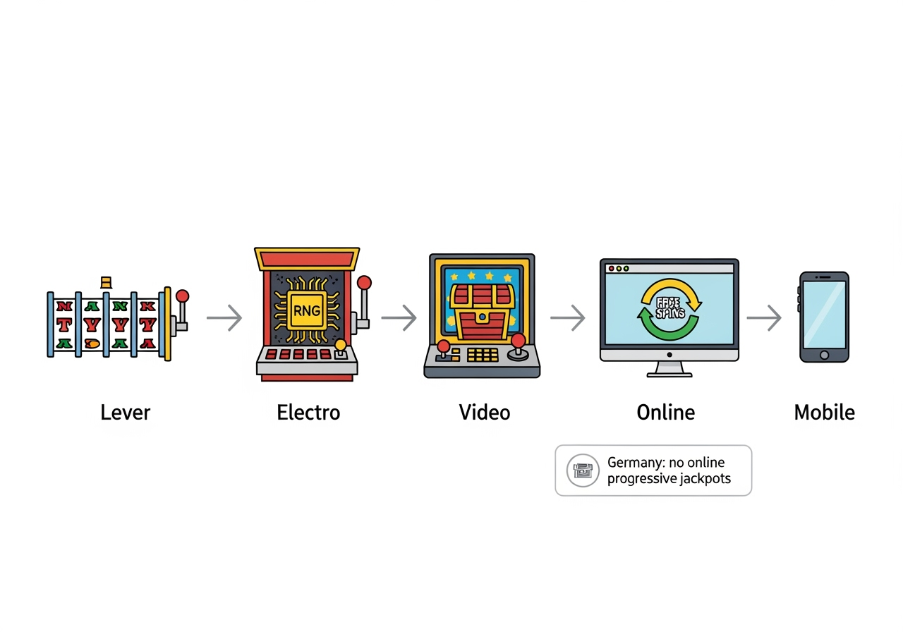 Clean vector infographic timeline showing: Lever (mechanical reels) → Electro (electromechanical cabinet) → Video (video cabinet) → Online (browser/desktop) → Mobile (smartphone). Include icons: reels, RNG microchip, bonus chest, free spins symbol. Add labels exactly: "Lever", "Electro", "Video", "Online", "Mobile". Include a small badge with text: "Germany: no online progressive jackpots". Bright, professional, positive tone, flat design, white background
