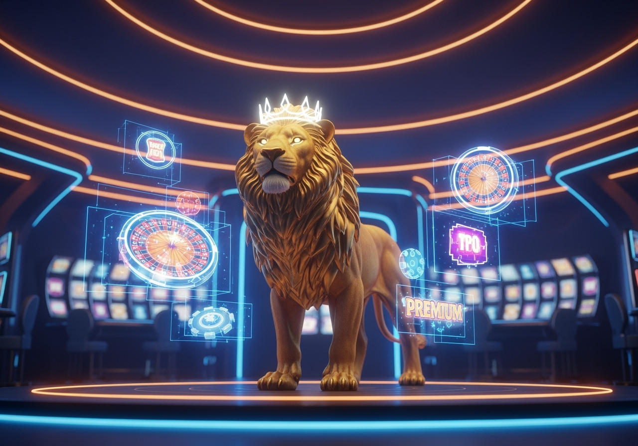 A majestic golden lion with a subtle glowing crown standing proudly in a futuristic luxurious gaming hall The background features holographic displays of popular slot game symbols and roulette wheels with vibrant blue and orange lights creating a dynamic and exciting atmosphere The lion exudes confidence and trustworthiness representing a premium gaming experience