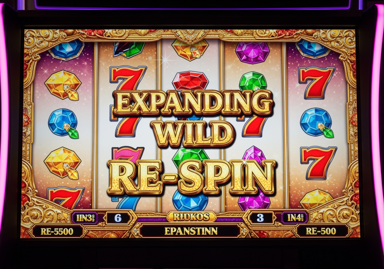 A vibrant closeup view of a glowing slot machine screen showcasing features like EXPANDING WILD and RESPIN in shimmering friendly letters The symbols are colorful gems and lucky sevens and the background has a soft positive energy conveying frequent but modest wins