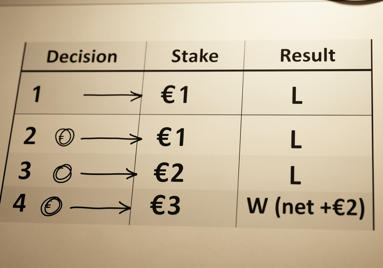 Annotated sample scorecard showing Decision, Stake, Result columns with example entries: "1 €1 L", "2 €1 L", "3 €2 L", "4 €3 W (net +€2)"; clear handwritten-style annotations, warm positive lighting, realistic paper texture, legible euro symbols and step arrows