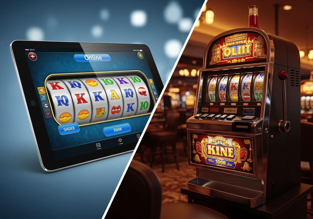 A vibrant splitscreen image contrasting digital online games and traditional slot machines On the left a sleek modern tablet displays a colorful online game interface with digital reels and animated symbols On the right a classic mechanical slot machine with physical reels and a lever stands in a warmly lit casino environment The background is clean and suggests accessibility for the online side and a physical location for the traditional side