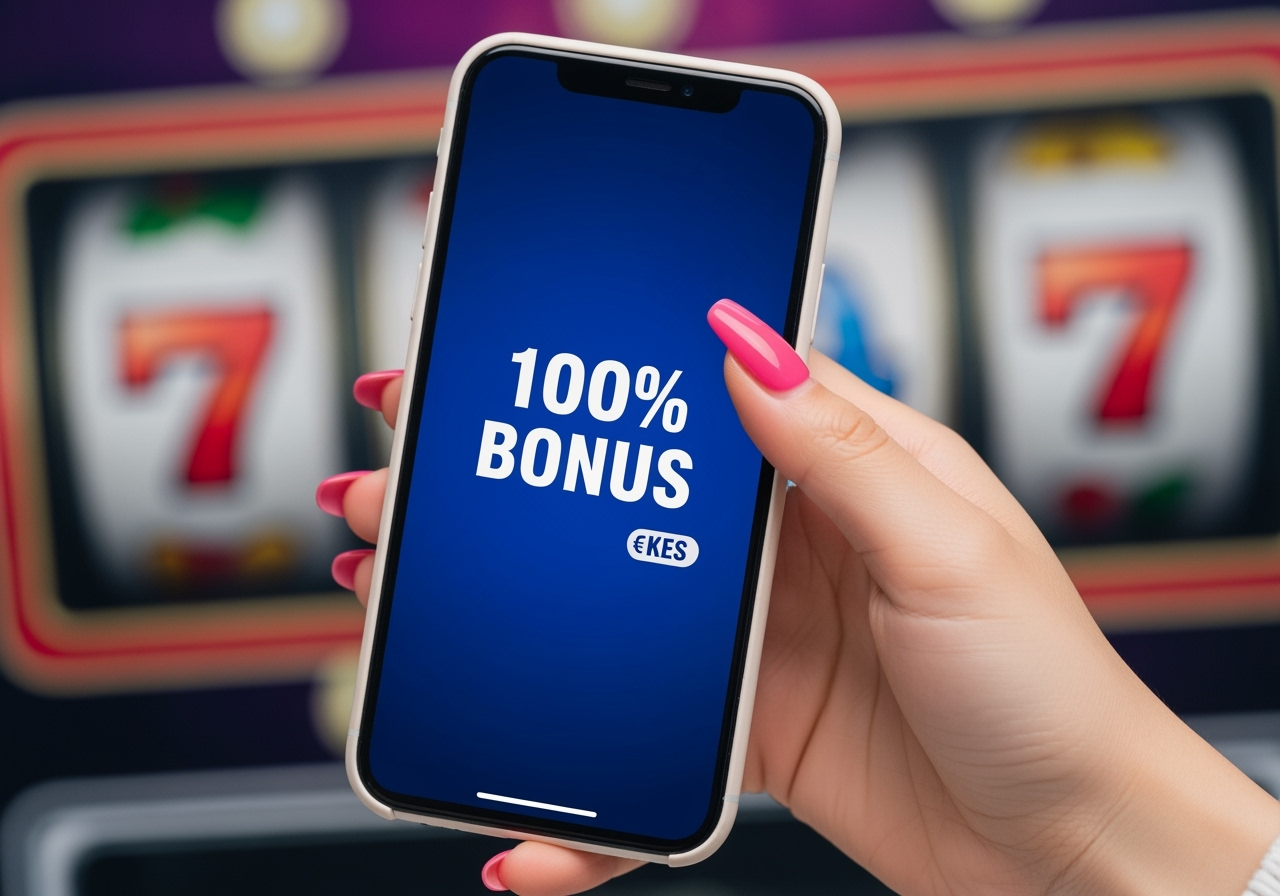 A closeup of a happy persons hand holding a smartphone displaying a vivid online casino bonus offer The screen shows 100 BONUS text and a KES currency symbol with abstract colorful slot game graphics in the background The scene is bright and positive