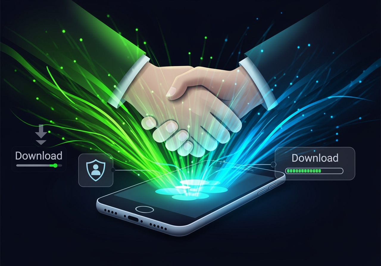 A vibrant abstract illustration depicting a secure digital handshake over a mobile phone Green and blue light rays emanate from the phone symbolizing data flow and security with subtle hints of a user interface overlay focusing on the concept of safe app downloads and user verification