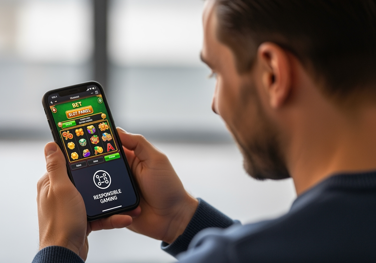 A focused German adult in their mid-30s holding a smartphone displaying a slot game's bet panel and paytable icons; warm, positive lighting; on-screen UI is deliberately blurred to avoid branding, while a visible "Responsible Gaming" icon appears; clean background with soft bokeh