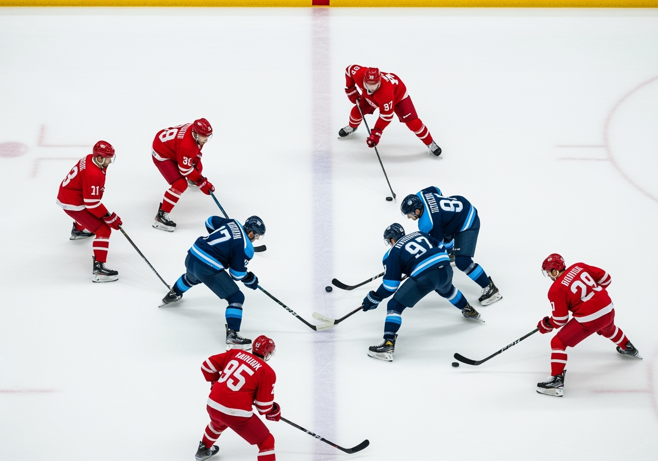 An overhead view of a hockey rink focusing on the offensive zone Five hockey players in one uniform color are positioned to exploit their man advantage actively passing a puck Four opposing players in a different uniform color are in a penalty kill formation attempting to block lanes The scene is dynamic and welllit emphasizing strategic movement