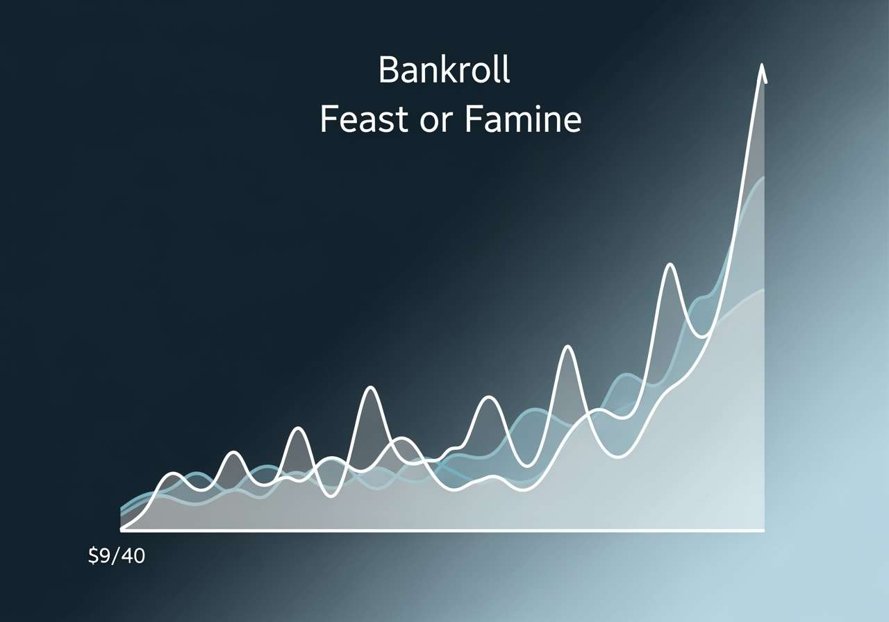 A minimalist infographic showing a dynamic bankroll curve The curve starts at a moderate level dips significantly several times and then shows a sharp steep rise at the end illustrating the feast or famine nature of this game type The background is clean and professional with a subtle gradient from dark to light blue