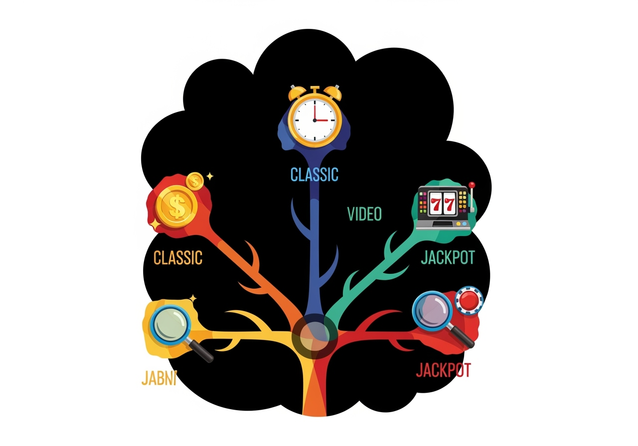An abstract illustration depicting a players thought process with branching paths representing different slot categories classic video jackpot Icons symbolizing various player goals like a large coin for big wins a clock for long play and a magnifying glass for theme immersion The overall mood is thoughtful and strategic