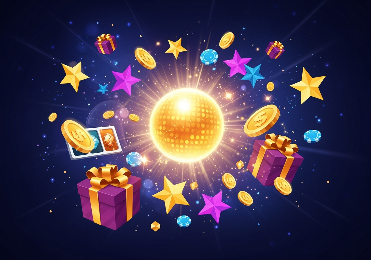 A vibrant abstract illustration representing digital bonuses and rewards Bright coins stars and gift boxes float around a shimmering central sphere symbolizing a secure and rewarding online casino environment The colors are rich blues golds and purples conveying excitement and value
