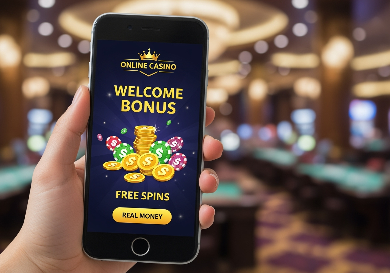 A vibrant smartphone screen displaying a bright appealing online casino welcome bonus offer with coins and free spins symbols held by a hand The background features a subtle sophisticated casino floor blur conveying excitement and opportunity for real money play The overall tone is positive and trustworthy