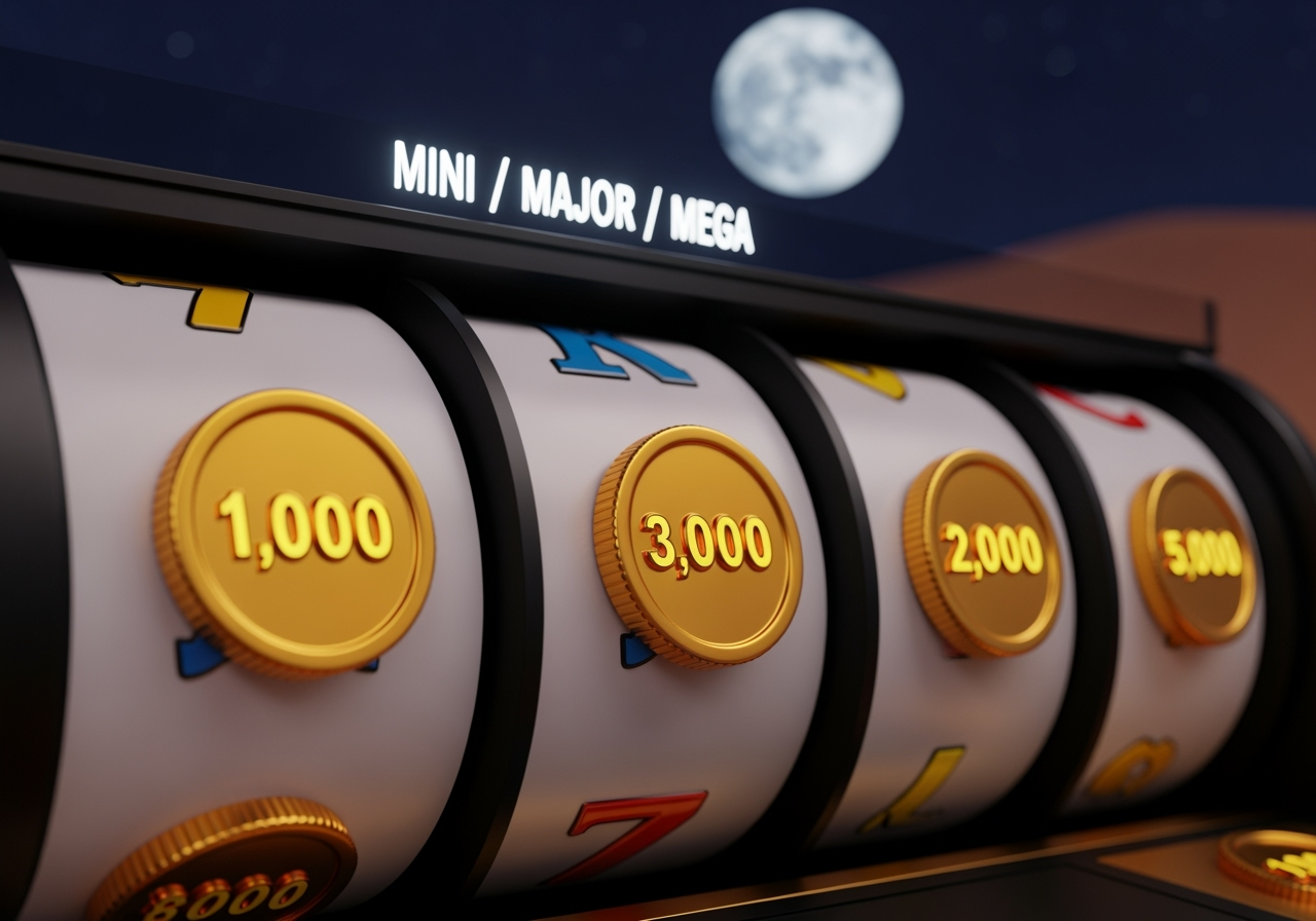 A stylized night-time desert slot grid lit by moonlight showing golden coin symbols stuck to reels, values visible on coins, and a faint glowing jackpot meter labeled "Mini / Major / Mega" in the background. Atmospheric, high-detail, positive vibe, cinematic lighting, 3D illustrative style
