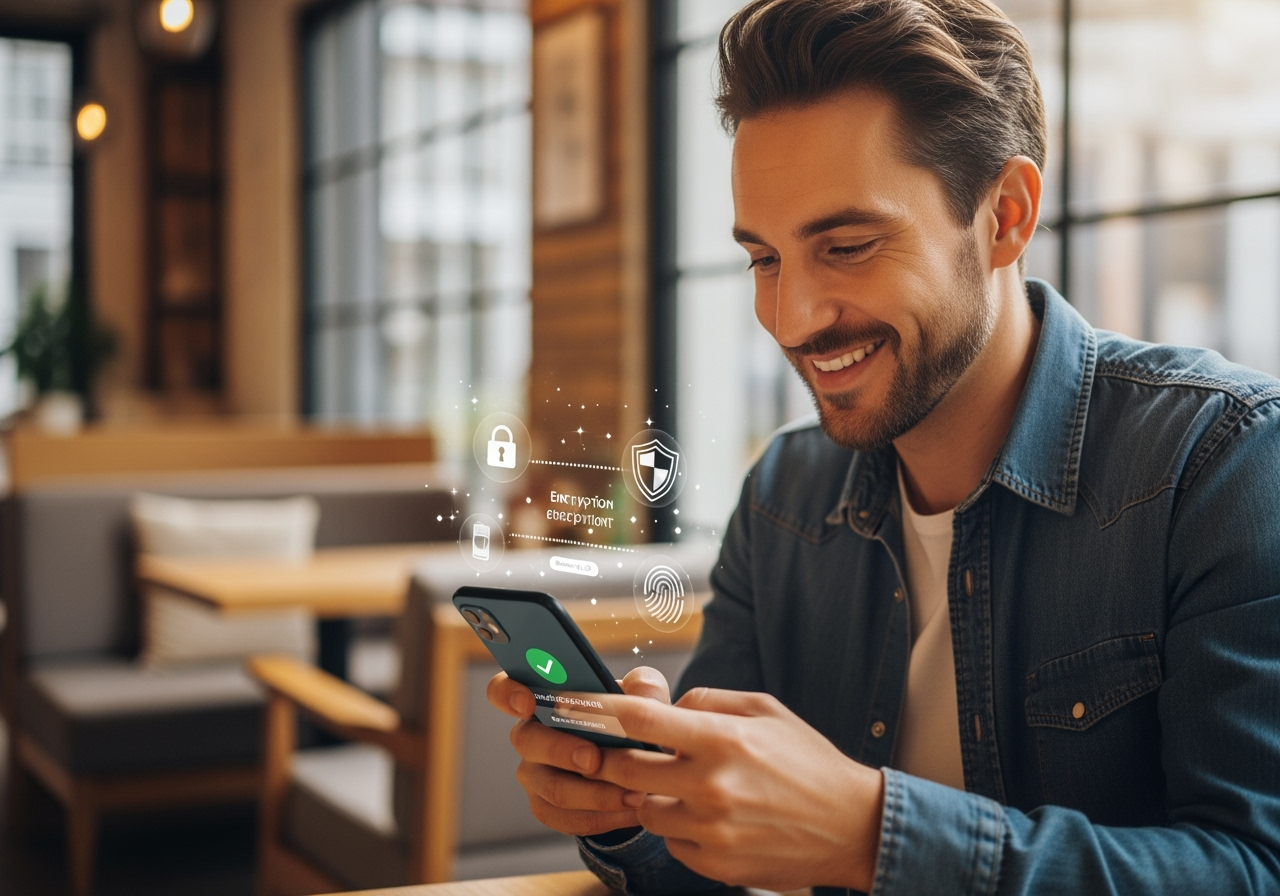 A confident, happy adult using a smartphone in a bright café, smiling while checking secure payment confirmation. Soft natural light, subtle icons for security (lock, shield, fingerprint) floating around the phone to imply encryption and 2FA, warm colors, positive and trustworthy atmosphere
