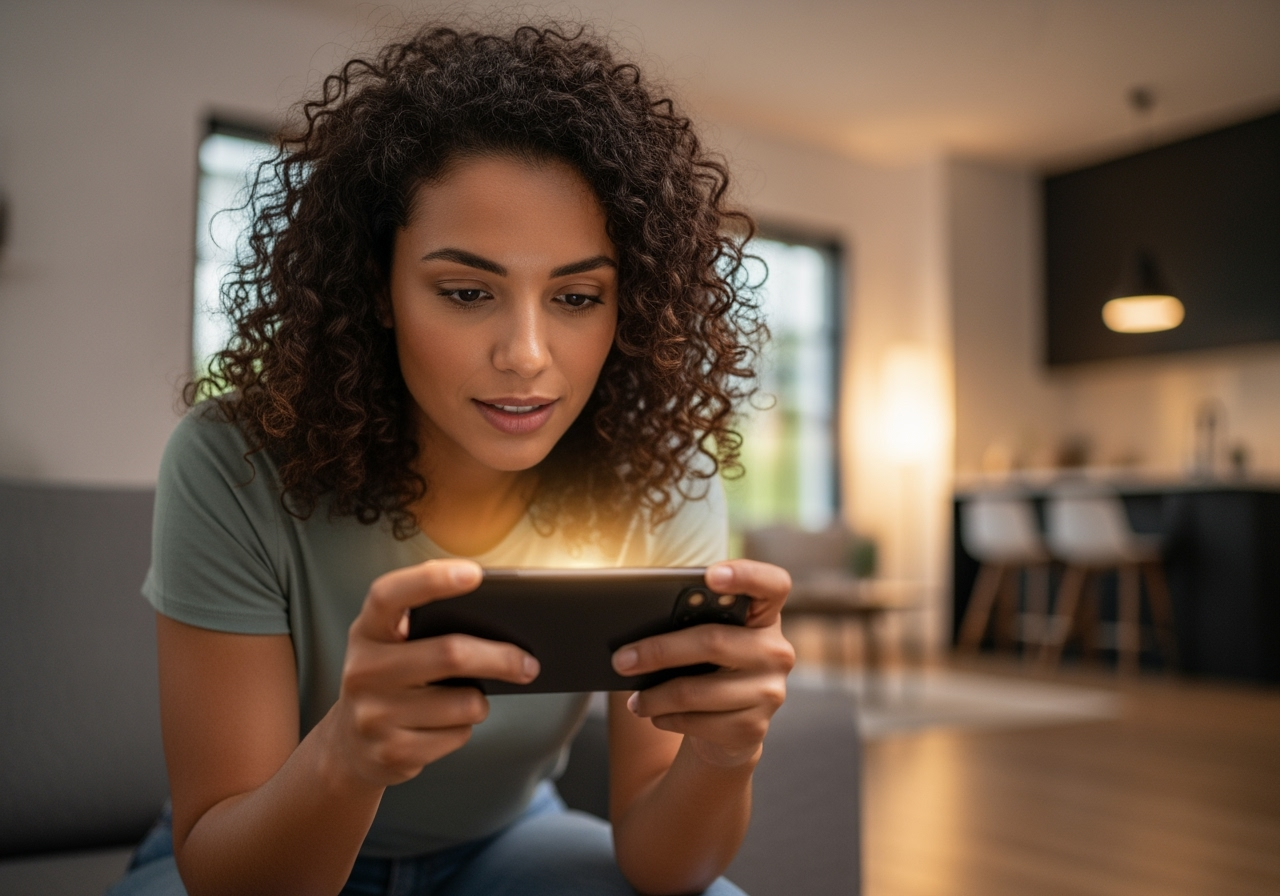 A professional and happy user in their mid30s holds a smartphone horizontally fully immersed in a mobile gaming experience A subtle glow emanates from the phone screen illuminating their focused yet relaxed expression The background shows a modern comfortable living space with soft warm lighting suggesting a positive and convenient gaming environment