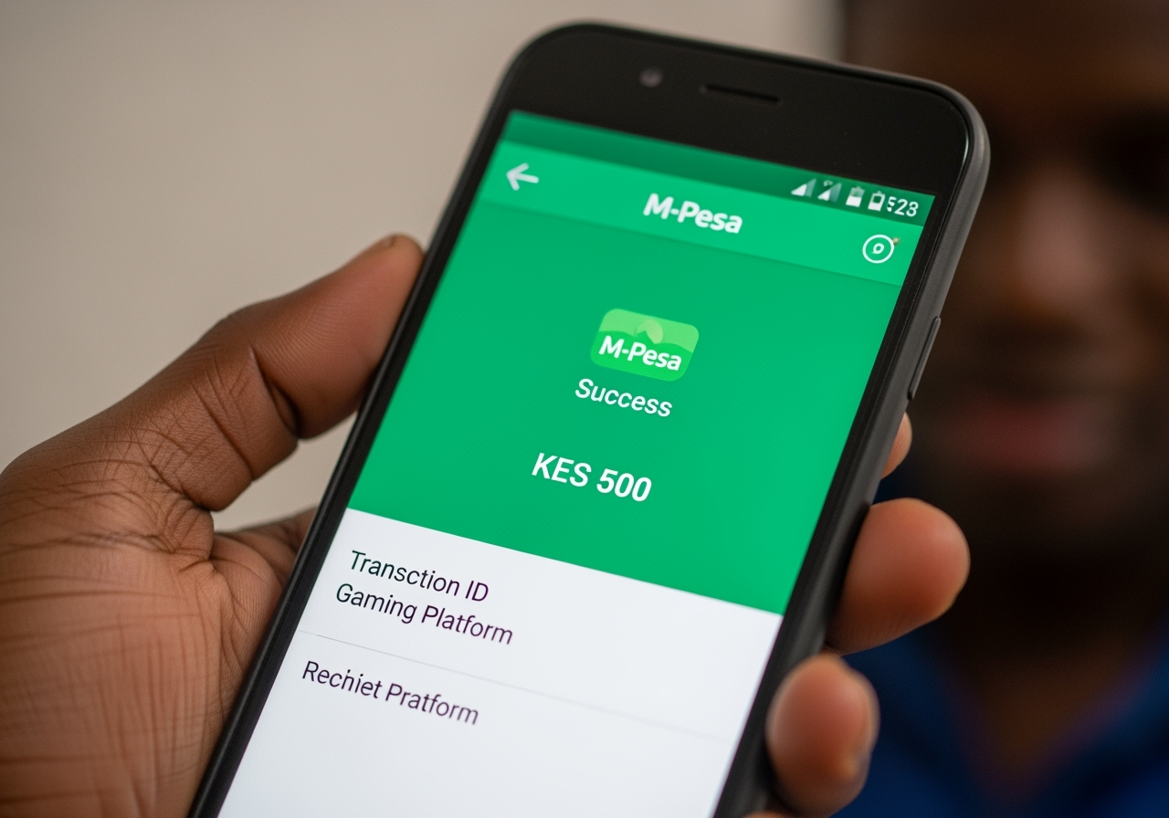 A closeup shot of a smartphone screen displaying an MPesa mobile money transfer confirmation The screen shows a green success message the amount KES 500 a transaction ID and a generic recipient name eg Gaming Platform The hand holding the phone is a person with dark skin indicative of a Kenyan context with a slight blur in the background to keep focus on the screen The scene is welllit and realistic