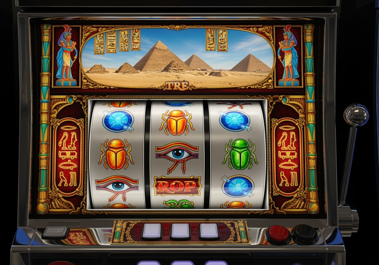 An intricately designed ancient Egyptian slot machine without specific UI elements or buttons focusing on the reels displaying symbols like the Eye of Ra scarabs and hieroglyphs The background is a desert landscape with pyramids bathed in golden sunlight The overall aesthetic is mystical and luxurious