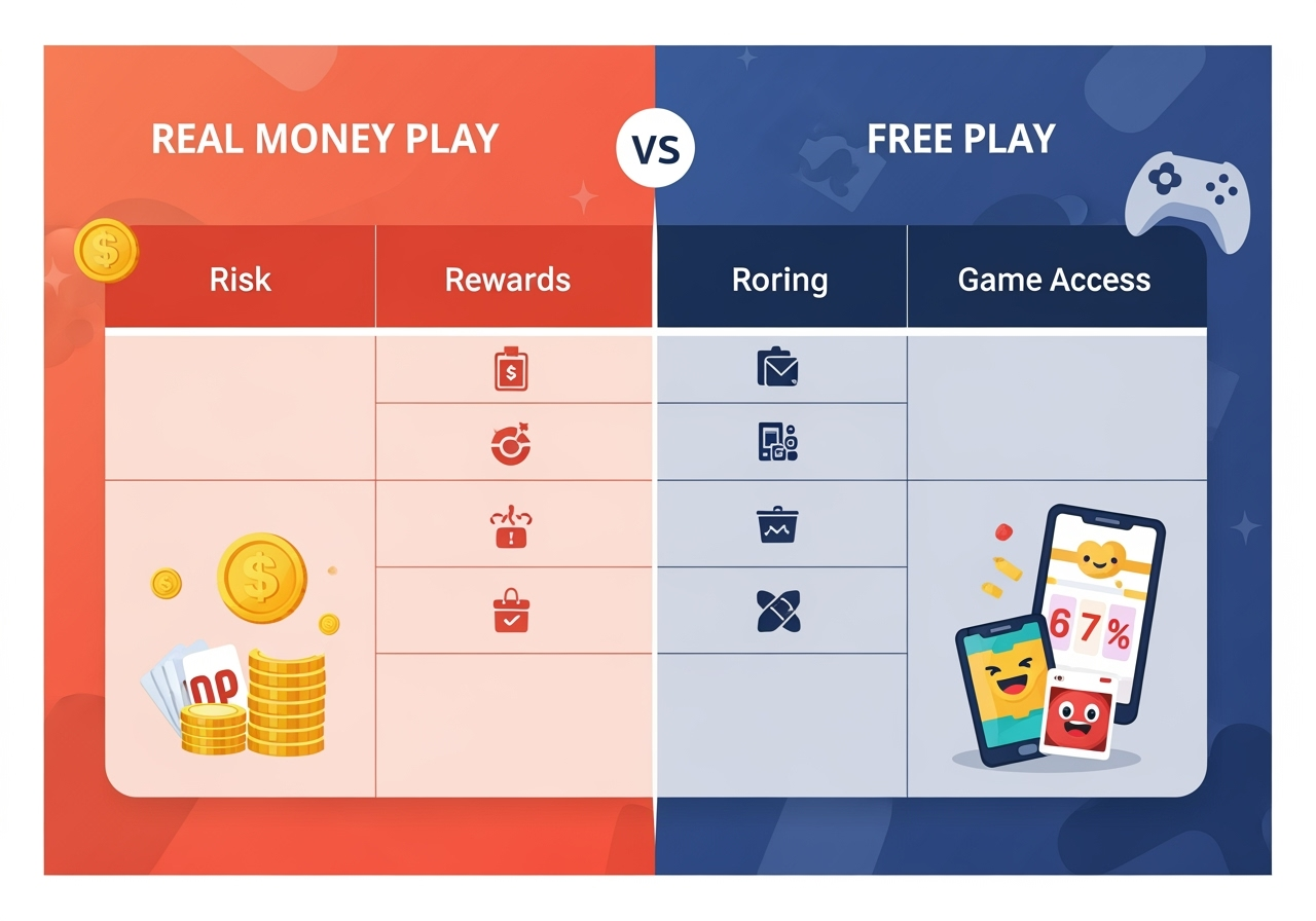 A vibrant illustration of a comparison table clearly distinguishing between Real Money Play and Free Play in online gaming The table columns are labeled with features like Risk Rewards and Game Access using icons and clean typography The Real Money Play side features subtle imagery of coins and rewards while the Free Play side shows casual fun graphics The overall tone is inviting and informative with a clear separation between the two categories