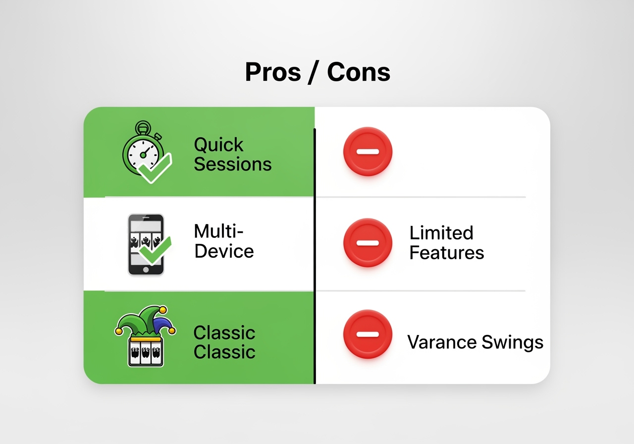 A minimalist, high-contrast infographic showing a split Pros/Cons box for a casino slot review: left column with green checkmarks and icons (stopwatch for quick sessions, smartphone for multi-device support, jester hat for classic theme), right column with red minus icons for limited features and variance swings; clean white background, modern flat design, no text labels, 3D lighting accents, high resolution