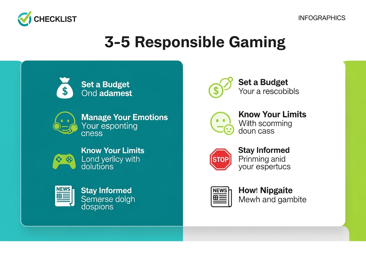 A clear professional infographic illustrating a quick checklist for responsible gaming The checklist has 35 bullet points with icons covering topics like Set a Budget Manage Emotions Know When to Stop The design is clean using a palette of blues greens and whites with a positive and encouraging tone