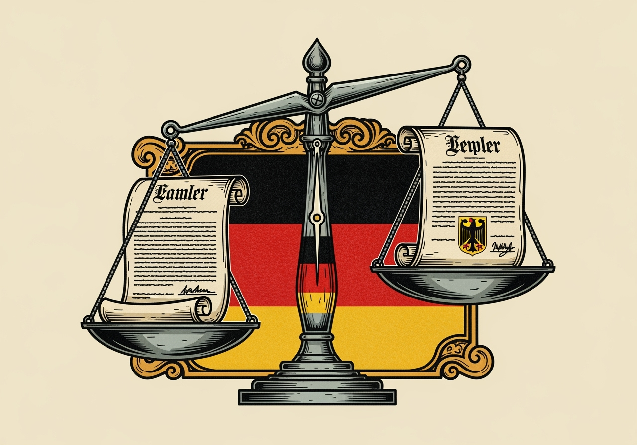 A stylized illustration showing a balance scale with legal documents and German flag elements representing fair and regulated gambling laws The overall tone is serious yet reassuring emphasizing compliance and player protection