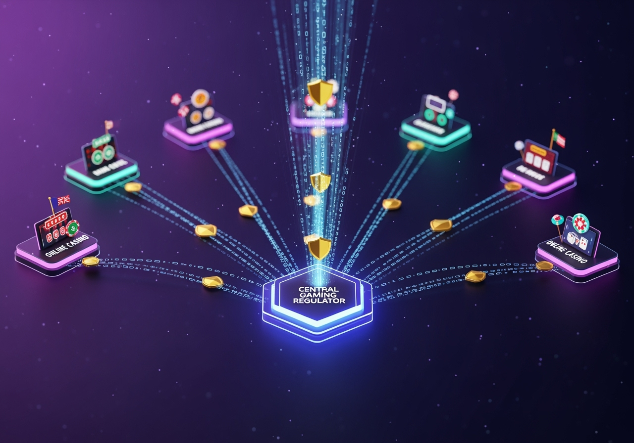 An abstract digital illustration showing multiple interconnected nodes each representing an online casino funneling secure data streams towards a central glowing hexagonal hub labeled Central Gaming Regulator The data streams are depicted as encrypted lines with subtle shield icons floating along them The background is a clean dark blue gradient conveying security and trust