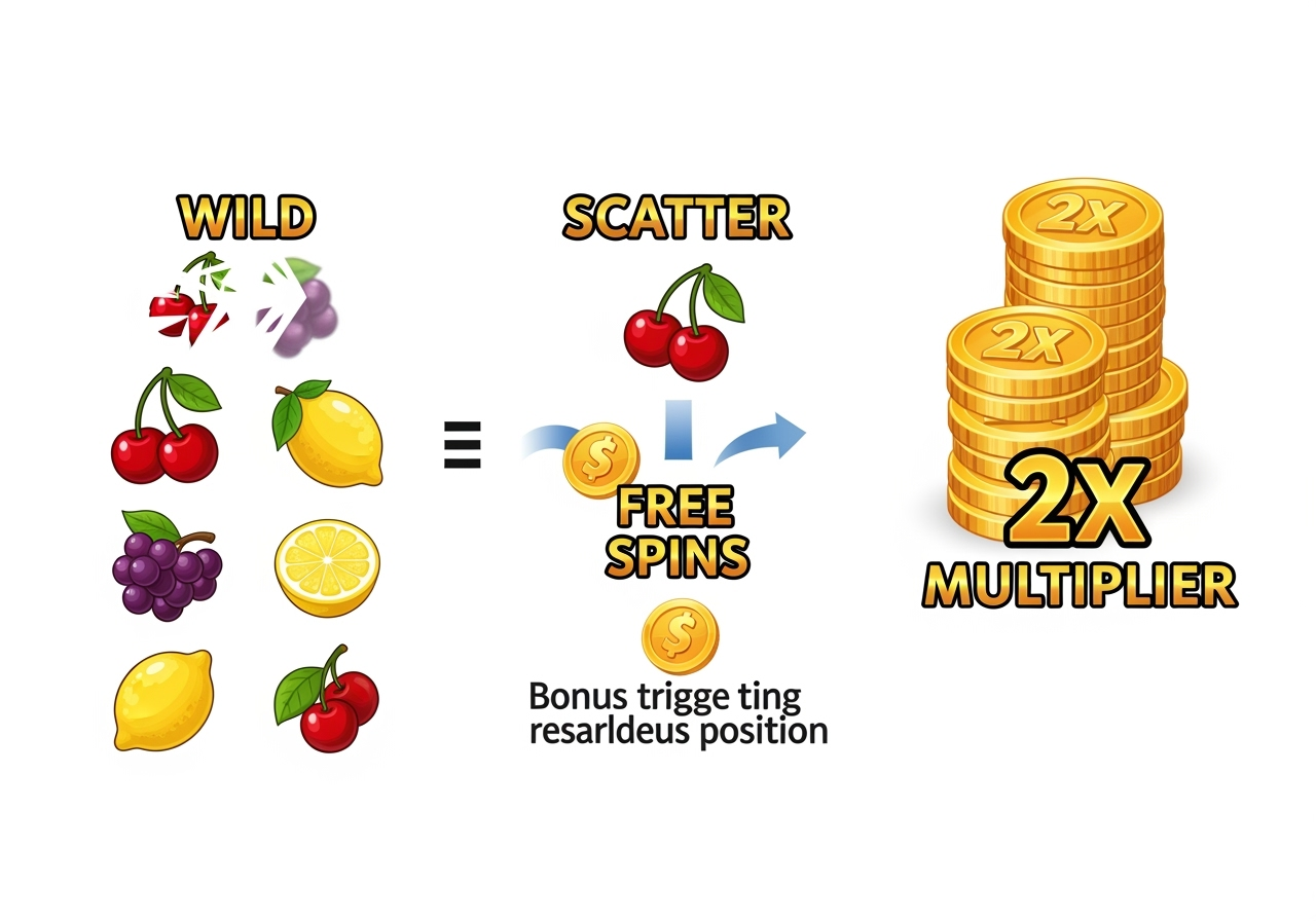 An infographicstyle image visually depicting various slot machine symbols On the left a WILD symbol transforms into different standard fruit symbols eg cherry lemon to show its substitution ability In the center a SCATTER symbol is shown triggering a FREE SPINS icon illustrating its bonustriggering function regardless of position On the right a 2X MULTIPLIER icon is overlaid on a stack of gold coins demonstrating increased payouts The style is clean vibrant and easy to understand