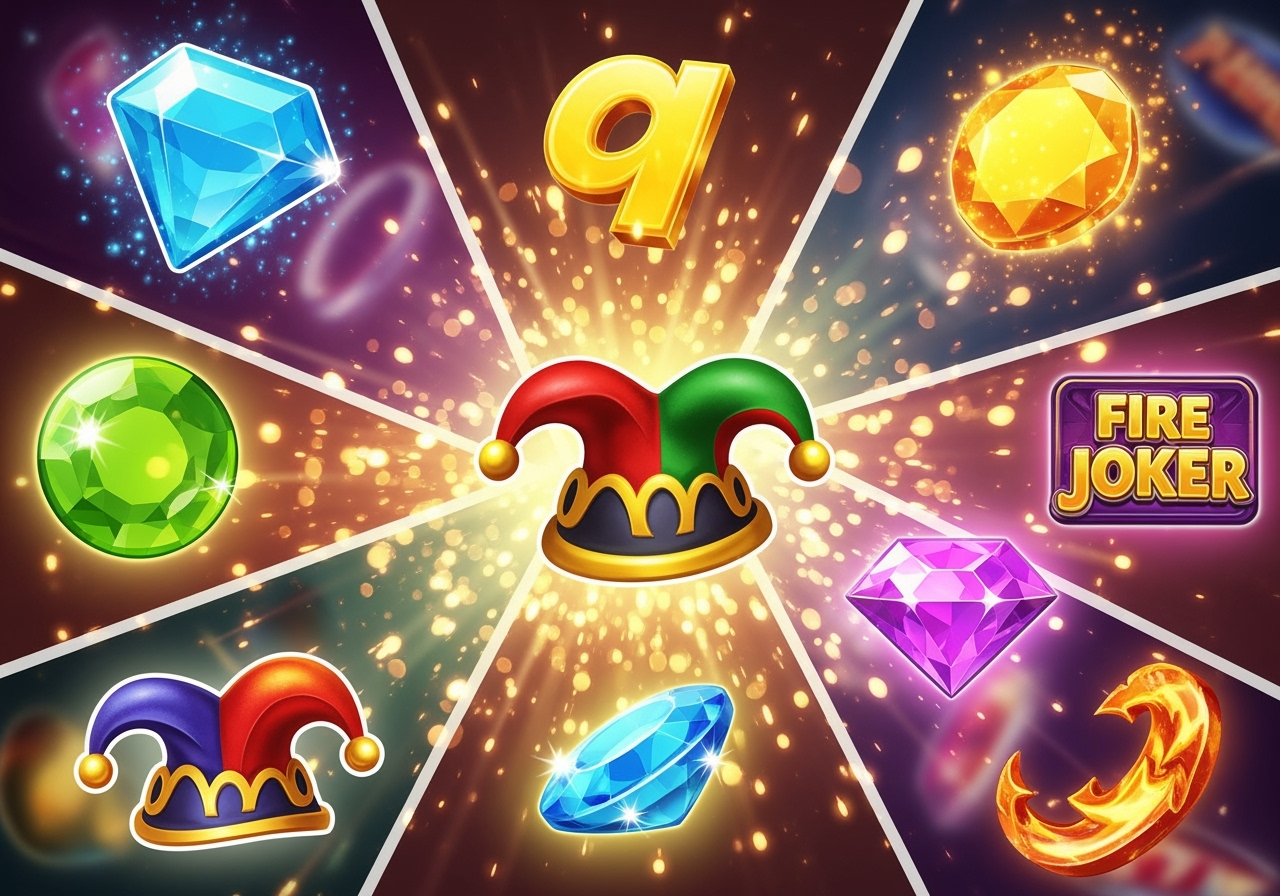 A vibrant colorful and dynamic collage of iconic symbols from popular online slot games like Starbursts gems and Fire Jokers jester hat The symbols appear to be bursting out from a central point with glowing particle effects and subtle light rays creating a sense of excitement and winning The overall atmosphere is energetic and visually appealing without showing any specific game interface