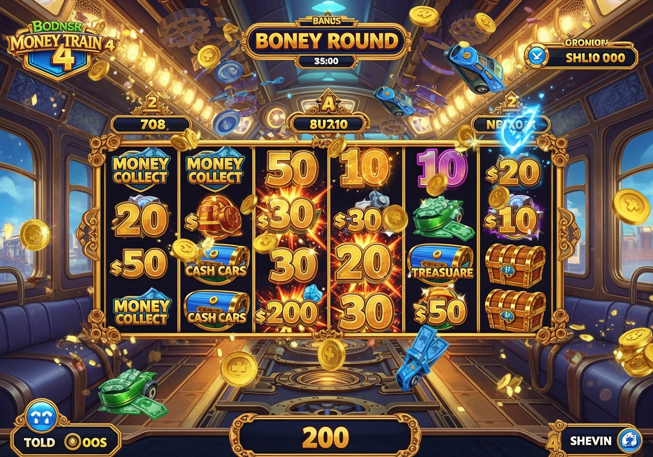 A vibrant screenshot from the Money Train 4 slot game showcasing its complex bonus round with multiple special symbols and multipliers visible The background features a futuristic steampunkinspired train interior The screen displays large impactful numbers indicating a significant win with dynamic visual effects