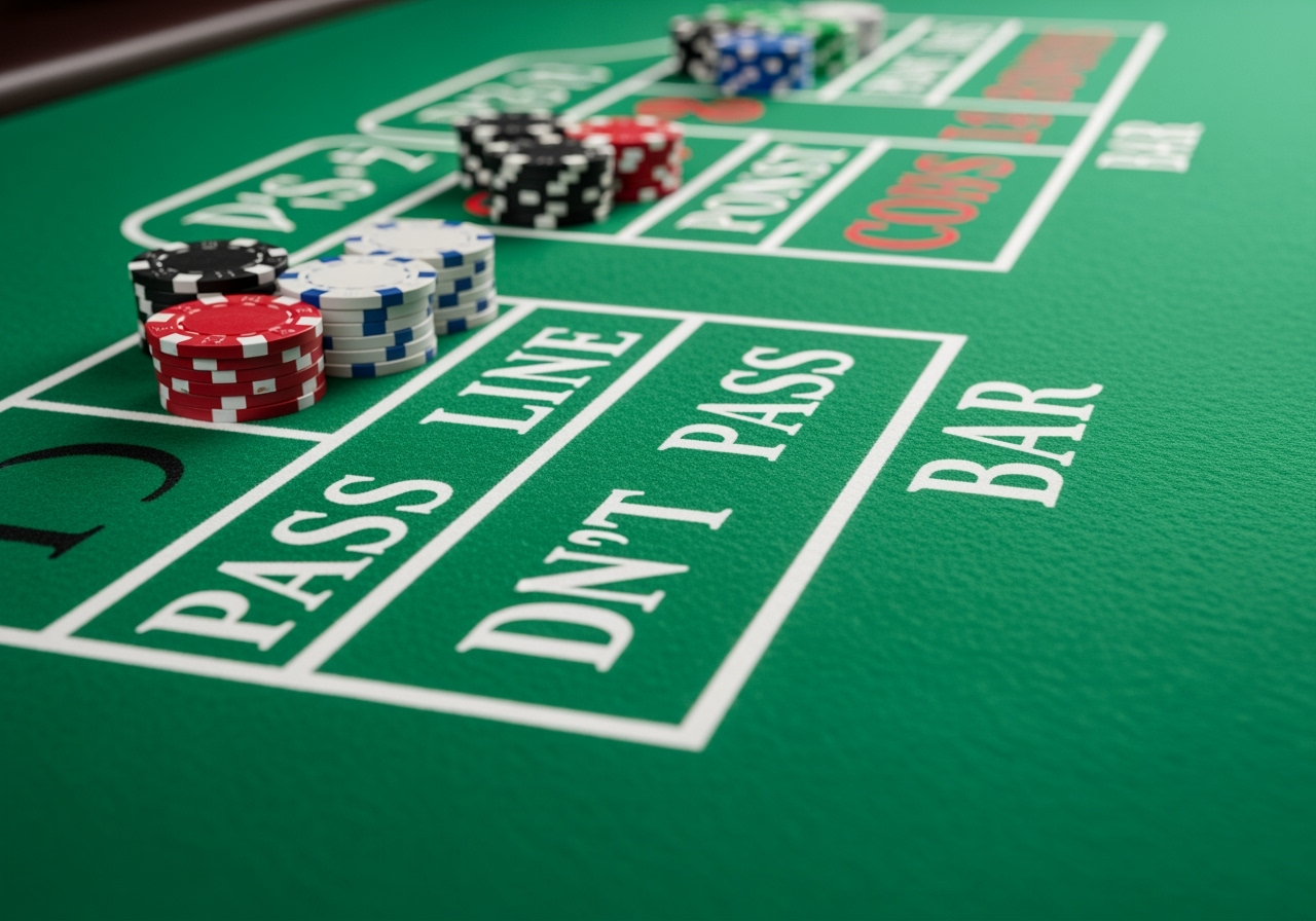 A closeup view of a gaming table layout brightly lit focusing on the Pass Line and Dont Pass Bar areas The felt is green with clear white markings and a few stacks of casino chips are visible on these betting zones The scene is clean and professional highlighting the marked areas for betting