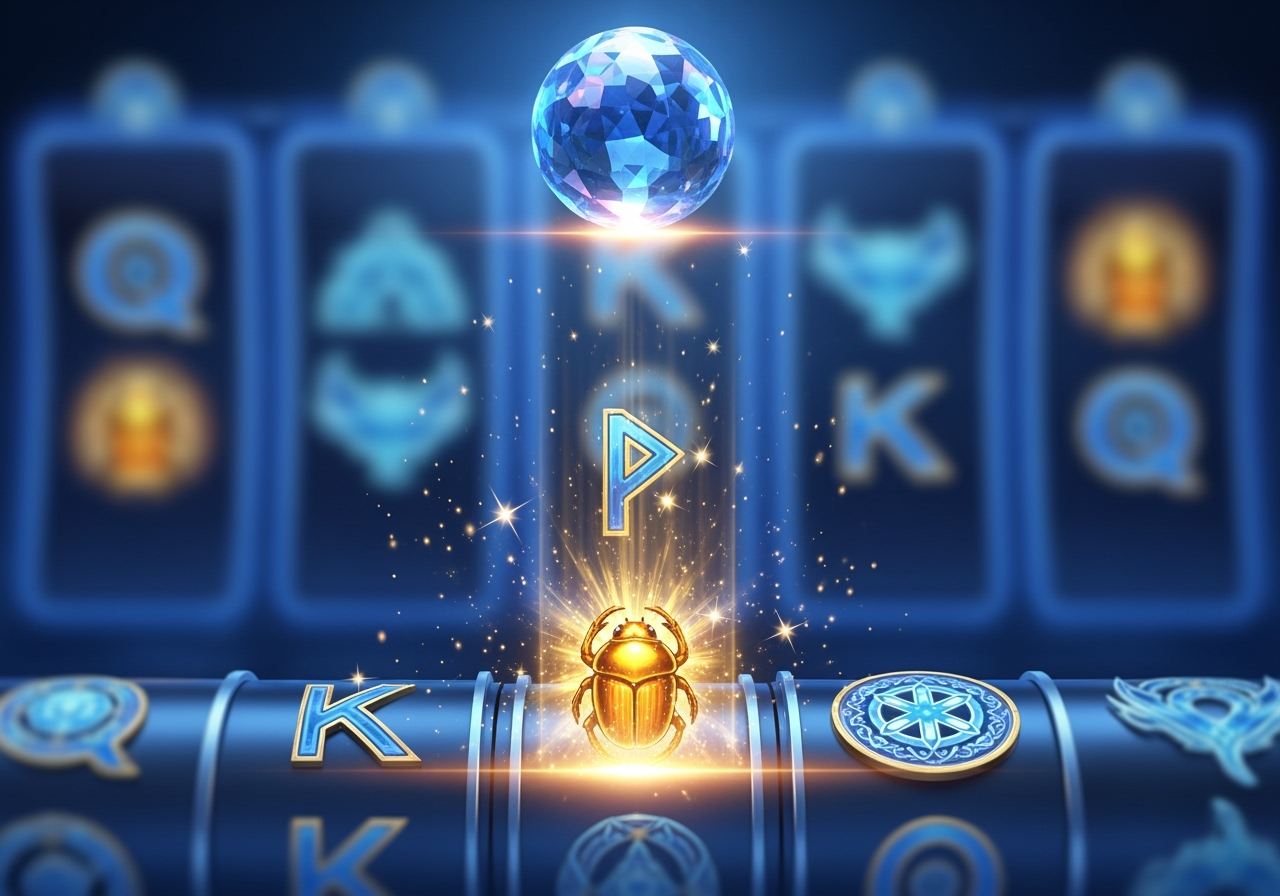 A cinematic, high-resolution scene of a glowing crystal orb hovering above slot reels as one mystical symbol expands to fill an entire reel. Soft blue and purple lighting, sparkles and motion blur emphasize the expansion moment. No casino branding or UI elements; focus on the magic of the expanding symbol and an upbeat, positive atmosphere