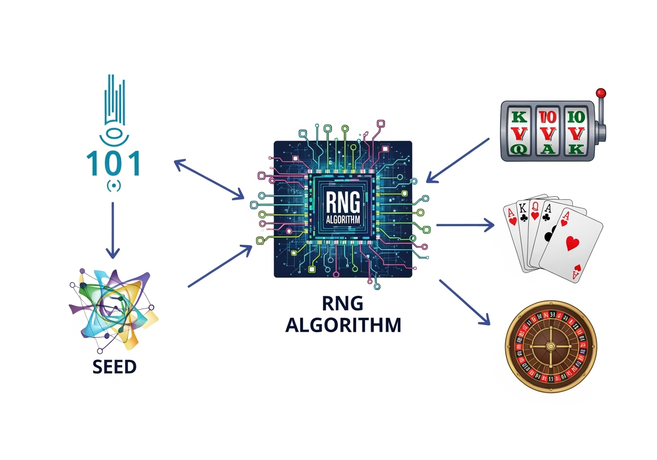 An infographic depicting the Random Number Generator RNG process On the left an abstract representation of a seed number or initial input Arrows flow from this to a central complex algorithm or circuit board graphic labeled RNG Algorithm From the algorithm arrows point to various gambling outcomes a slot machine reel showing random symbols a deck of cards with a random distribution and a roulette wheel with a random number The overall design is clean digital and uses a techfocused color palette of blues greens and purples
