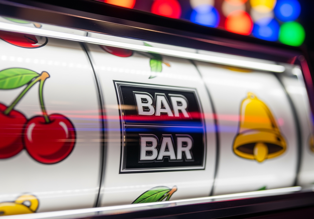 A vibrant, close-up shot of a classic slot machine's spinning reel, captured with a slight motion blur to convey action. The central focus is a gleaming, chrome-edged triple BAR symbol locking into place on the payline. To its sides, a bright red cherry and a golden bell are visible but slightly out of focus. The background is filled with colorful, bokeh casino lights, creating a dynamic and exciting atmosphere of a potential jackpot win.