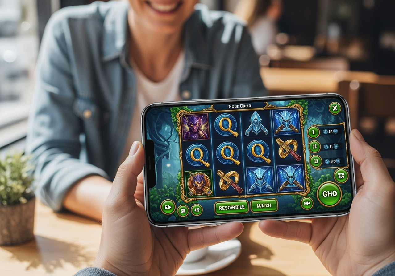 A clear mobile gameplay screenshot of a fantasy-themed slot rendered realistically on a modern smartphone held by a smiling adult user. The game screen shows a legible paytable, responsive buttons, and crisp reel art with calm blue tones. The environment is a cozy cafe with soft daylight. Emphasize clarity of UI elements, positive mood, no casino branding, high resolution
