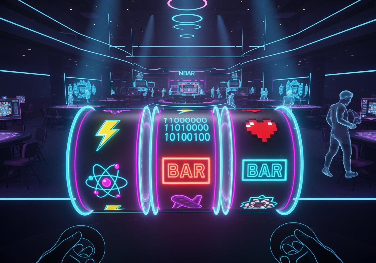 A futuristic image showing a player's point-of-view inside a virtual reality casino in 2025. Glowing, holographic slot reels are suspended in mid-air, featuring a mix of modern animated icons and a prominent, stylised neon BAR icon. The background is a sleek, dark environment with ambient blue and purple lighting, reflecting the immersive digital experience.