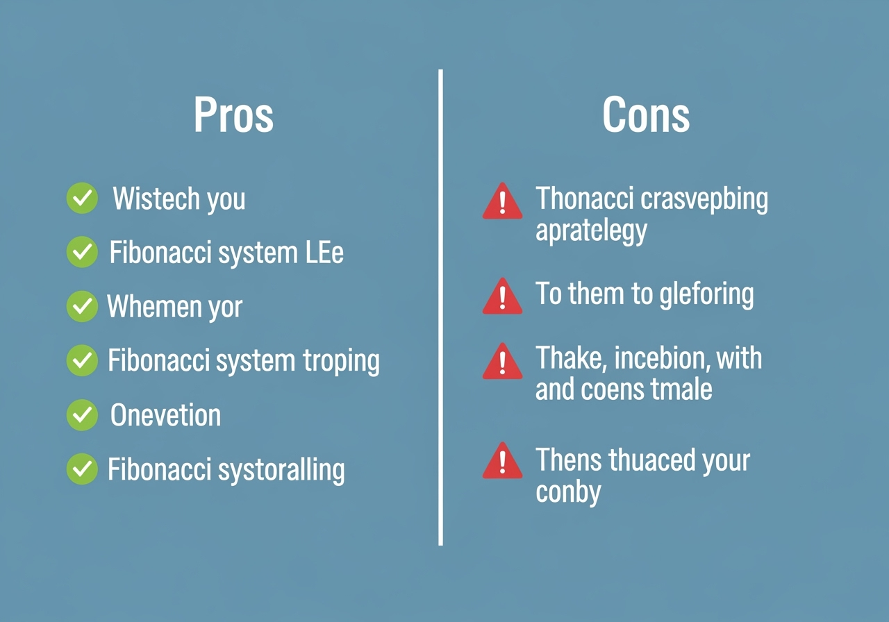 A clean, friendly pros and cons graphic for gambling strategy: left column titled "Pros" with green check icons and short bullet points, right column titled "Cons" with red warning icons and short bullet points. Minimalist flat design, soft blue background, high contrast text, positive and professional mood, include alt text exactly: "Fibonacci system pros and cons"