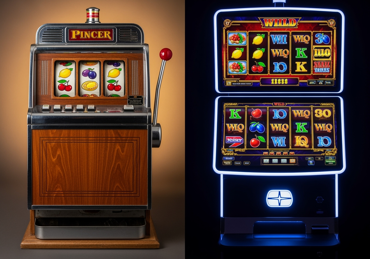 Split-screen composition showing left: a vintage 1950s electromechanical poker machine cabinet with a chrome lever, wood paneling, and three physical fruit-symbol reels; right: a modern digital slot cabinet with a large touchscreen displaying five reels, vibrant themed symbols, wild and scatter icons; warm studio lighting, neutral background, photorealistic, no text or logos